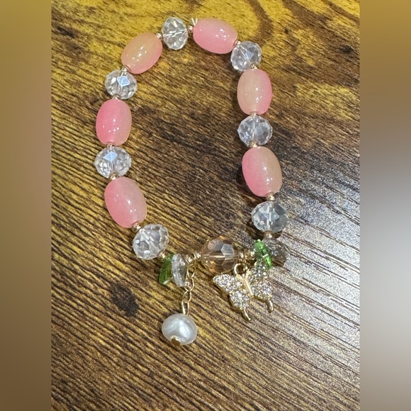 Pink and Green Beaded Bracelet with Butterfly Charm - Picture 1 of 4